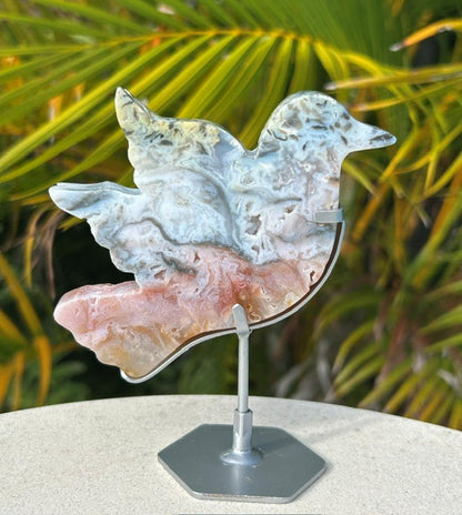 Rainbow Plume Agate bird with custom stand - (155g) Indonesia