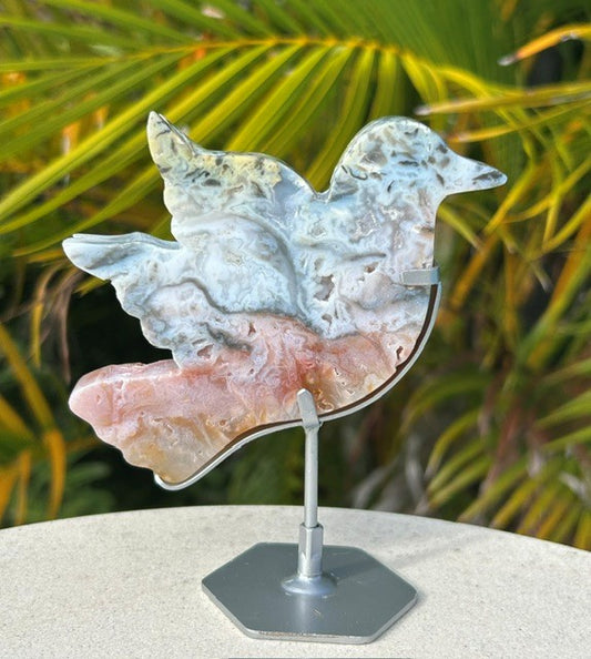 Rainbow Plume Agate bird with custom stand - (155g) Indonesia